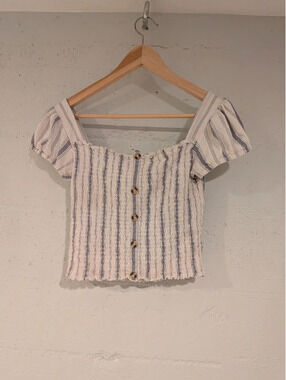 Mudd White Navy Striped Smocked Crop Top Puff Sleeve Boho Cottagecore Size L